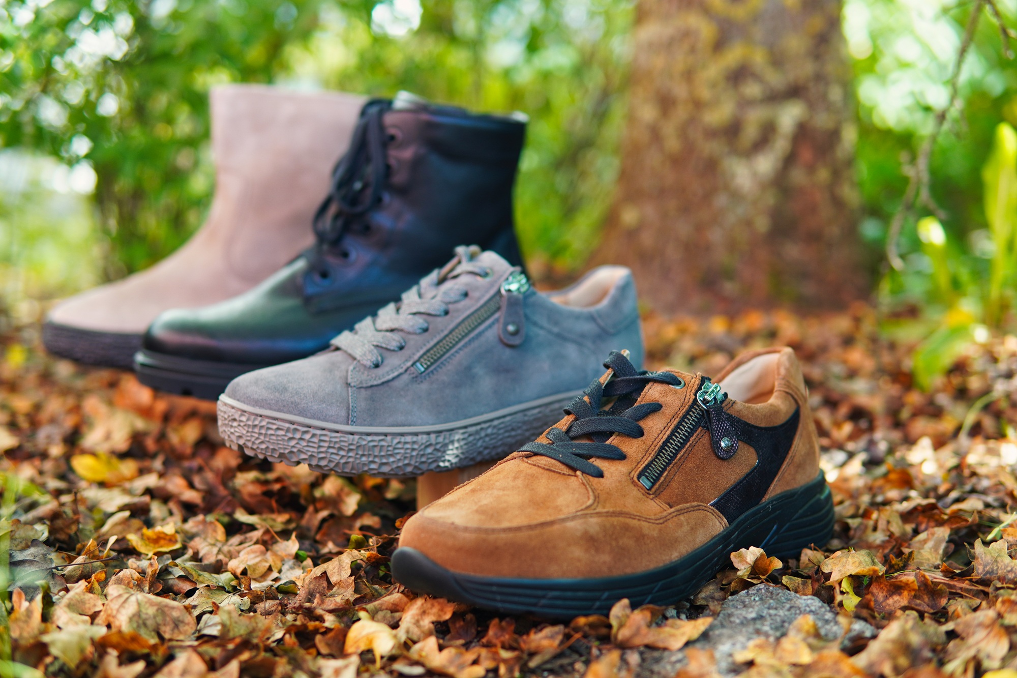 Schuhe und Stiefeletten im Herbstlaub