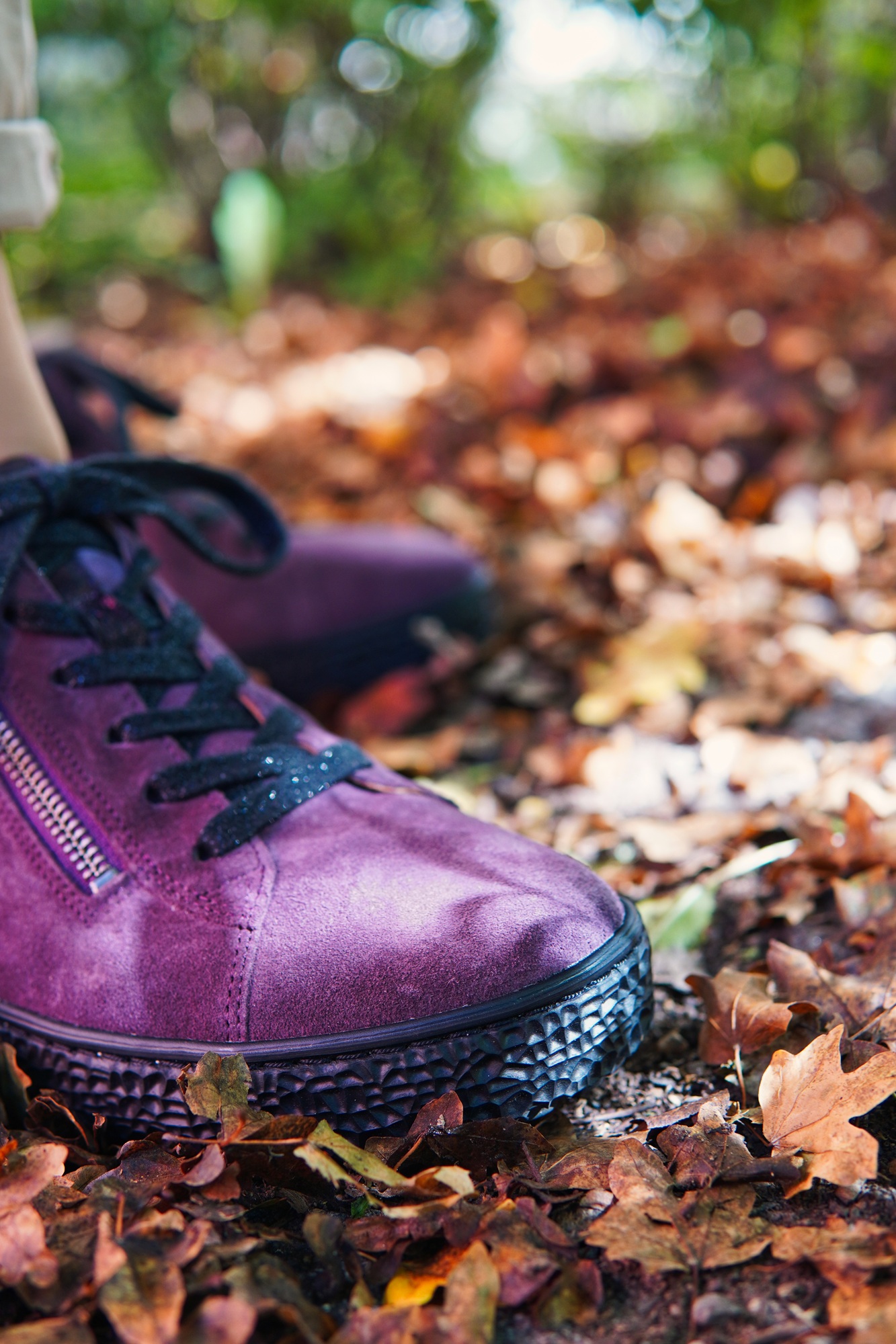 Violetter Schuh im Herbstlaub